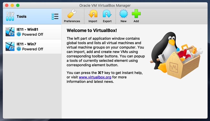 VirtualBox Manager screen